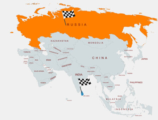 Obraz premium A detailed illustration of Asia showing country borders with Russia highlighted and sri lanka,emphasizing regional geographical differentiation
