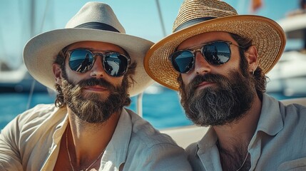 Two bearded men with sunglasses and hats on a boat.
