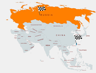 Obraz premium A detailed illustration of Asia showing country borders with Russia highlighted and taiwan,emphasizing regional geographical differentiation