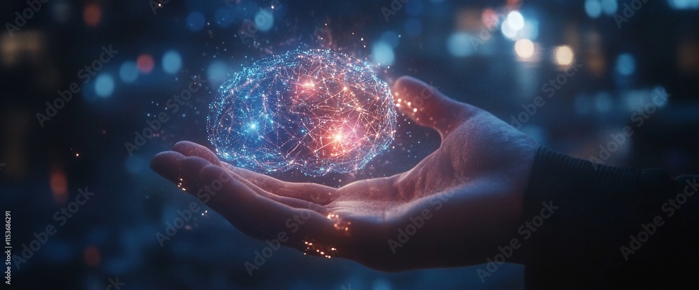 Poster a glowing, interconnected brain-like structure held in a hand, symbolizing knowledge.