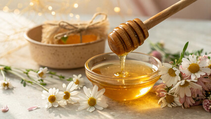Delicious honey drips from wooden dipper into glass bowl, surrounded by flowers