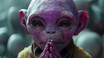 Close-up of purple alien with large eyes and hands clasped in contemplation