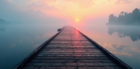 Obraz premium A pier's wooden slats glisten in the foggy water, water, stillness