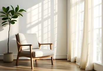 Fototapeta premium A cozy living room with a wooden armchair and a potted plant near large windows with sheer curtains , letting in natural light