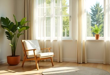 Naklejka premium A cozy living room with a wooden armchair and a potted plant near large windows with sheer curtains , letting in natural light