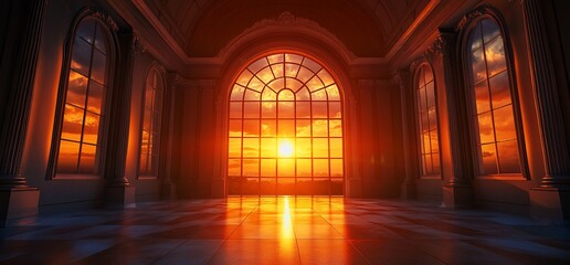 Obraz premium A grand interior with large windows showcasing a vibrant sunset.