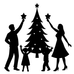 Family celebrating Christmas silhouette on white background