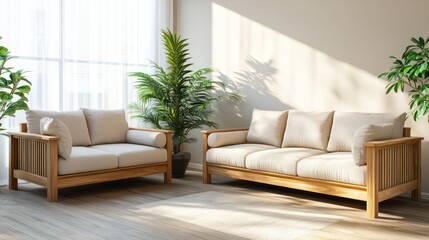 A serene living room with natural wood furniture, light fabric sofas, and indoor plants adding a fresh touch