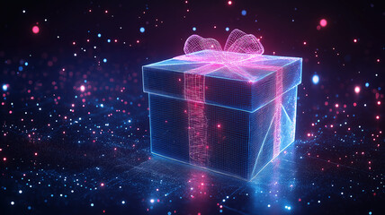 Holographic wireframe gift box spinning on a deep background creating a futuristic effect
