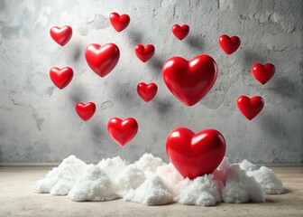 Fototapeta premium Red Hearts on Clouds, Concrete Wall Background