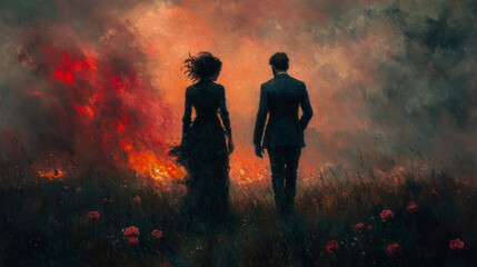 Obraz premium A Couple Silhouetted Against a Fiery Sunset, Walking Through a Field of Flowers