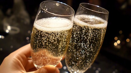 A close-up of a hand holding a glass of champagne as it is clinked with another glass during a midnight toast