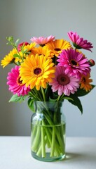 Colorful bouquet of fresh cut flowers in a glass container, bouquet, glass container, arrangement of flowers