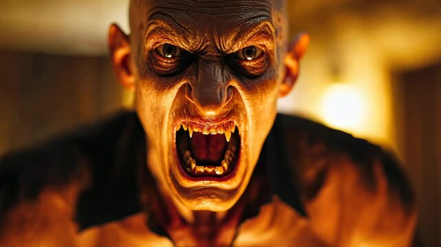 Intense close-up of a terrifying creature vampire with sharp fangs in a dimly lit environment showcasing horror elements