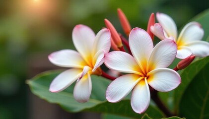 Fototapeta premium Delicate frangipani flowers in white and pale pink hues, frangipani, floral, garden