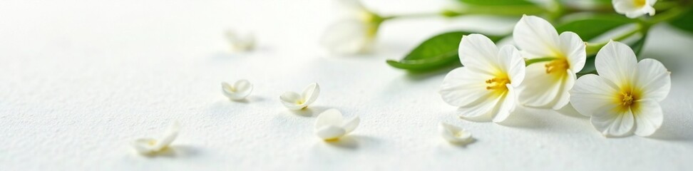Fototapeta premium Delicate Moringa blossoms scattered on a pristine white surface, blossoms, nature