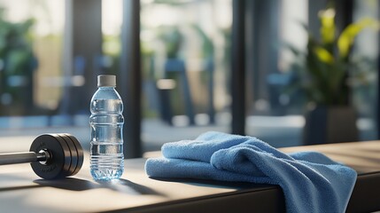 A gym scene featuring a dumbbell, water bottle, and towel on a workout bench.