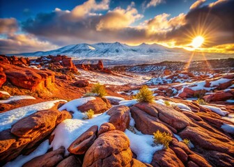 Snowy desert landscape, volcanic bokeh, vibrant winter dream.
