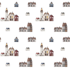 Watercolor hand-drawn pattern with illustrations of Northern style seaside houses and a lighthouse on white background