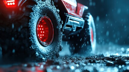 Close-Up of a Red Toy Car Tire in a Rainy Environment