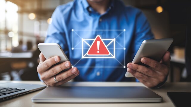 Mobile Phone Displays SMS Spam, Phishing Scam Alert, System Hacked Warning - Powered by Adobe