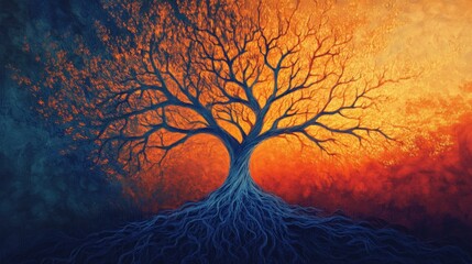 Tree of Life: Ascending Cloud Branches in Sunset Glow. Deep Orange to Indigo Gradient with Crisp Detail in Roots and Branches Symbolizing Growth.