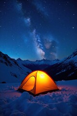 Glowing tent under starry night sky on snowy mountain slope, night sky, glow