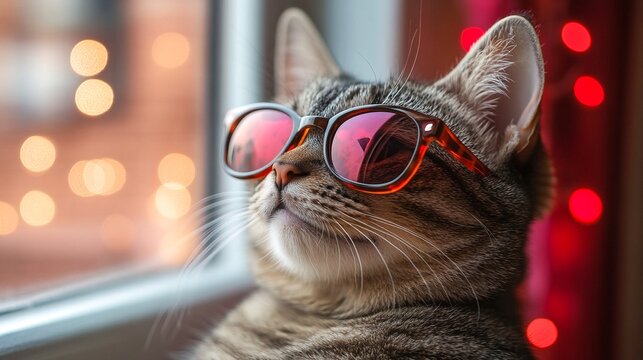 A cat wearing sunglasses with red lenses is looking out of a window.