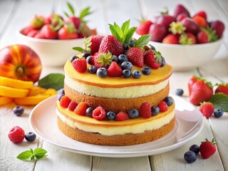 Two-Layer Sponge Cake with Berries and Peach - Delicious Dessert
