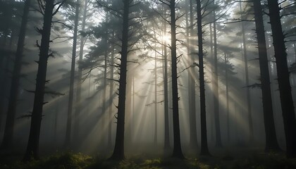 Sunbeams Illuminate Foggy Forest Trees
