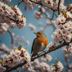 A robin chirping on a freshly blossomed cherry tree.