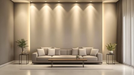 A serene minimalist living room featuring beige and gray tones, sleek furniture, and soft recessed lighting