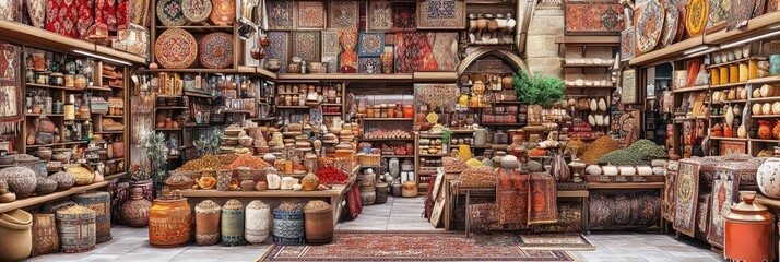 A vibrant marketplace filled with handcrafted pottery, textiles, and decorative items.