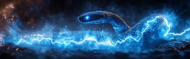 Naklejka premium Neon Glowing Snake with Electrifying Light in Dark Atmosphere