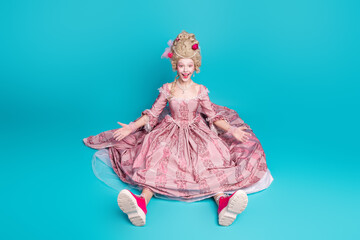Photo of gorgeous cheerful lady princess british queen wear pink gown corset fall down floor...