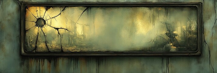 A cracked window reveals a misty, post-apocalyptic landscape with a dark, foreboding atmosphere.