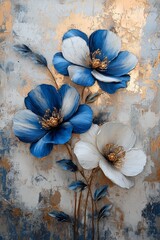 Beautiful blue and white floral artwork displayed on a textured gold background in a modern setting