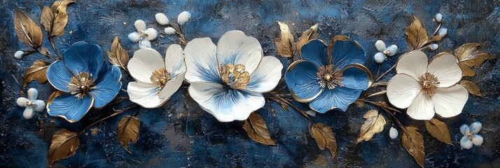 Floral wall art featuring blue and white flowers against a textured background with metallic accents