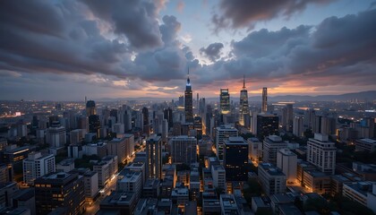 Fototapeta premium Cityscape at Dusk Skyscrapers Illuminate Urban Landscape