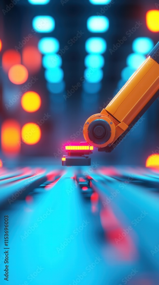 Poster dynamic robotic arm interacting with colorful objects in futuristic environment