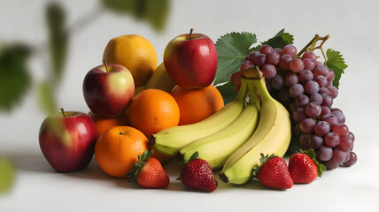 A photo of various types of fruit arranged on a white background.