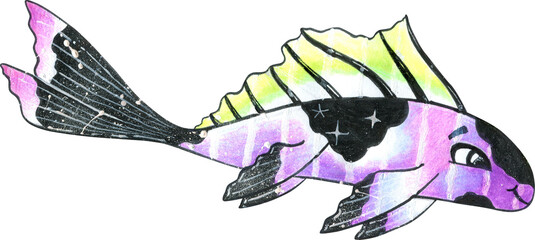 Cartoon catfish watercolor.