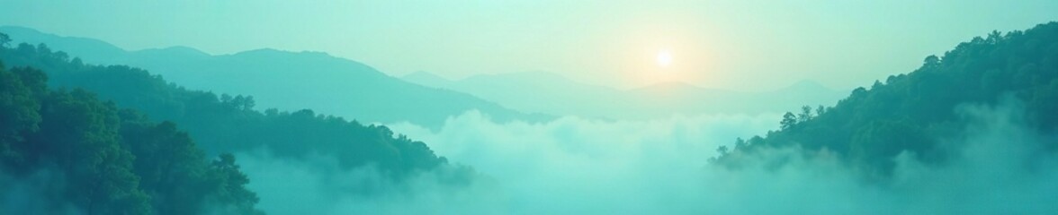 Fototapeta premium Softly glowing turquoise mist rises from serene landscape, turquoise, heavens