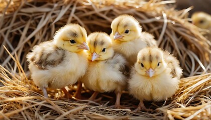 Adorable Newborn Chicks Huddled Together in a Nest of Hay