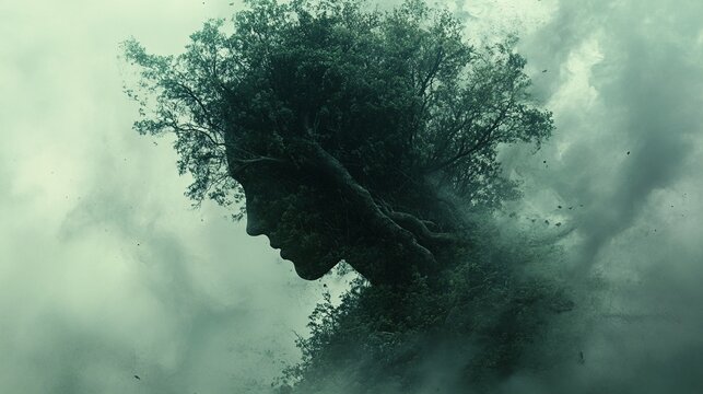 a haunting and surreal scene of a tree growing out of a human head.
