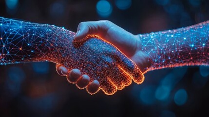 Digital Handshake On Network, Cryptocurrency, Blockchain Technology, Fintech Collaboration