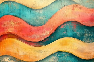 Obraz premium Abstract wavy background with orange, red, and yellow stripes on teal grunge texture.
