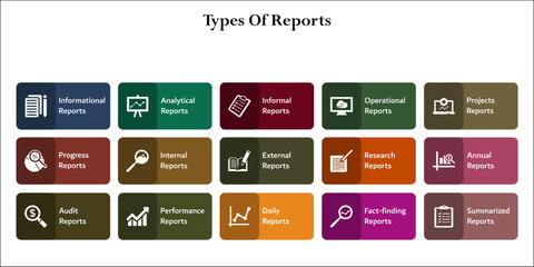 types of report. Infographic template with icons and description placeholder