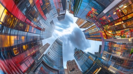 Dynamic Urban Perspective with Vibrant Skyscrapers