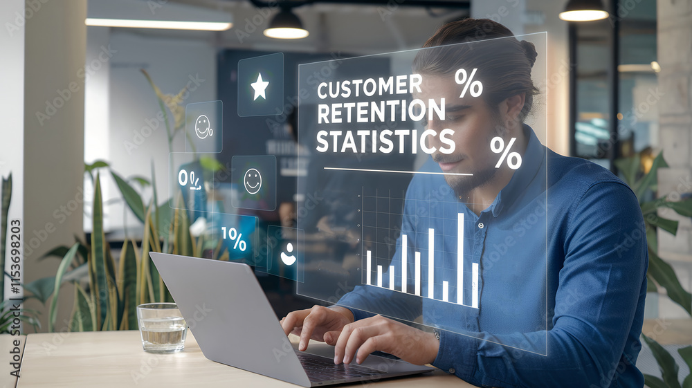 Aufkleber customer retention statistics: bar graphs and loyalty score charts displayed
